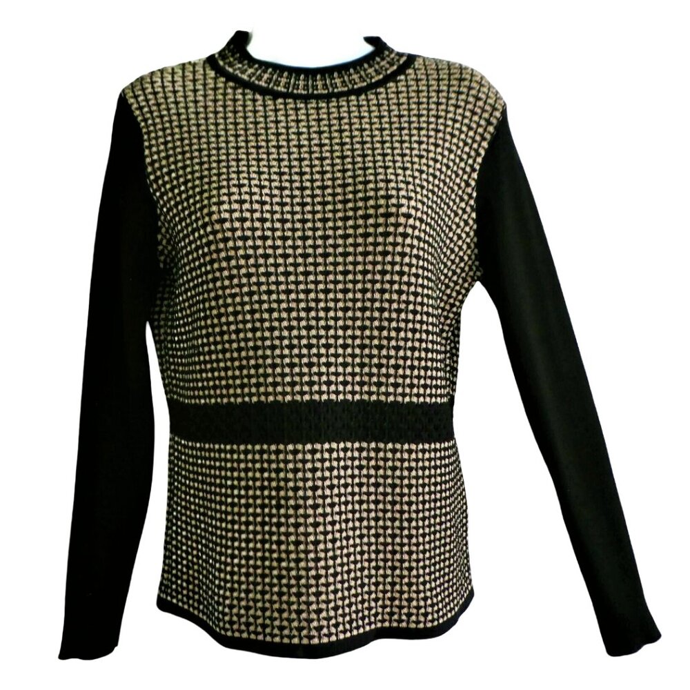 Vintage Sweater Knit Pullover Academia Smart Black Geometric Tan Diamonds